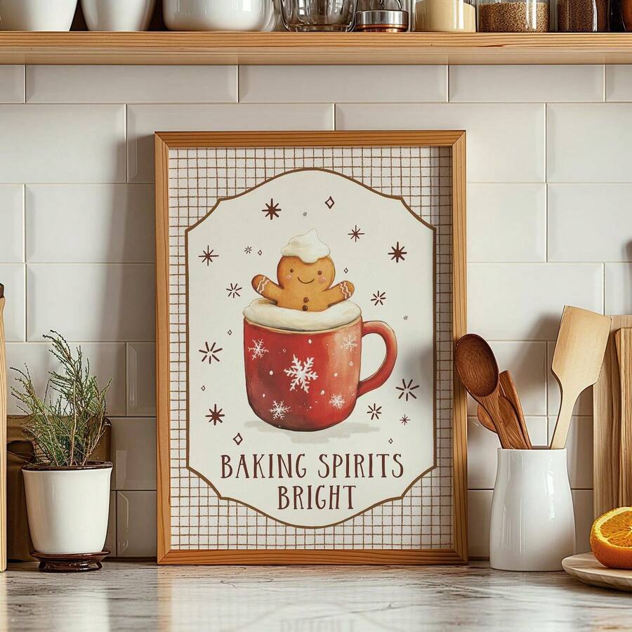 1pc Frameless Gingerbread Mug Christmas Print, Kitchen Coffee Bar Wall Art, Plaid Background Warm Tones Winter Holiday Decor, Cozy Home Decor Poster For Living Room, Bedroom, Dorm, Vintage Style Aesthetic