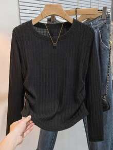 青少年女孩褶皱长袖修身罗纹汗衫，13-16 岁