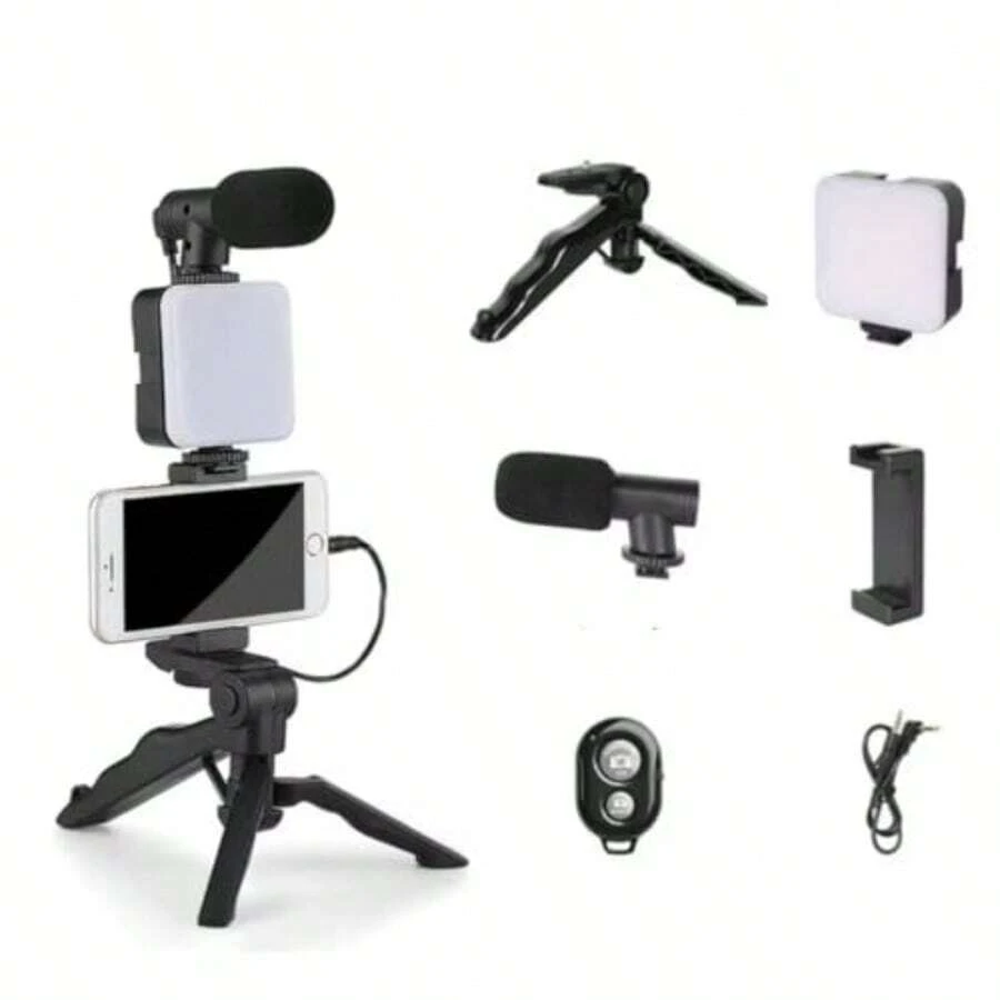 Kit de Vlogging portátil de vídeo con trípode para cámara SLR, teléfono inteligente, fotografía, soporte de luz, micrófono - Negro - Ver 1