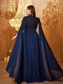 UNITHORSE Plus 女式露背超长袖贴花流苏修身开衩气质晚礼服 - 藏蓝色 - 查看 2