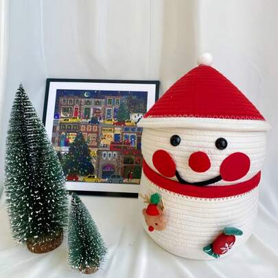 1 chiếc giỏ đựng đồ hai lớp hình người tuyết Giáng sinh đan móc thủ công, hộp đựng đồ ăn nhẹ, mỹ phẩm, đồ trang trí, đồ trang trí Giáng sinh & quà tặng