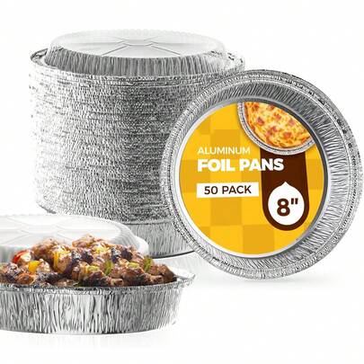 50 Pack 8.3" Round Aluminum Foil Pans With Lids, Pie Tins Disposable 8 Inch With Lids, Take Out Containers, Freezer Oven Aluminum Baking Pans For Storing, Cooking, Storage, Family Dinner Supplies, Party Supplies