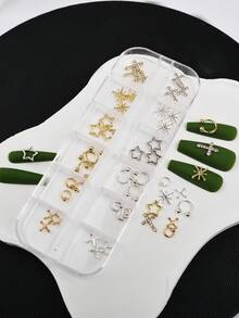 12 griglie, 36 pezzi, forniture per arte di unghie punk gotica 3D, inclusi stelle di riso, stelle a cinque punte, anelli di perle semisferiche, stelle di miglio e altri stili misti, decorazione per unghie adatta per ragazze per nail design fai-da-te