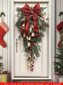 1 faixa de Natal para porta, com sinos dourados e padrão de fita vermelha, faixa de cortina de poliéster para porta, tamanho 183 x 90 cm, adequada para decoração de casa na porta da frente, faixa de festa para decoração de comemoração. Este é um produto de tecido, não uma guirlanda.