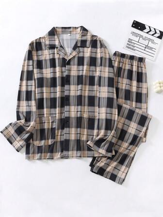 2pcs Pajama Set - Men Long Sleeve Shirt & Straight Leg Pants Sleepwear Set - Classic Plaid Shirt Style Pajamas, Casual Enough To Wear Outside, Winter Clothes