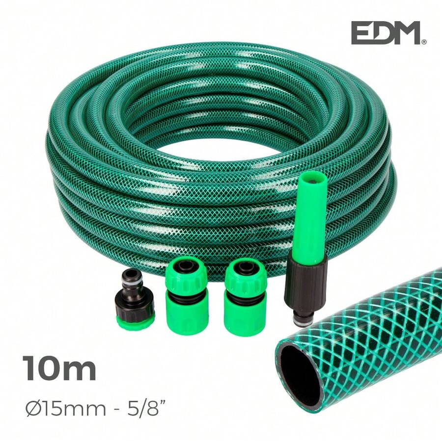 EDM 74068 Kit Manguera Jardín Basic Line con Ø INT 15 x Ext 19 mm (5/8") + Accesorios, 10 m, 6 Unidades - Verde - Ver 1