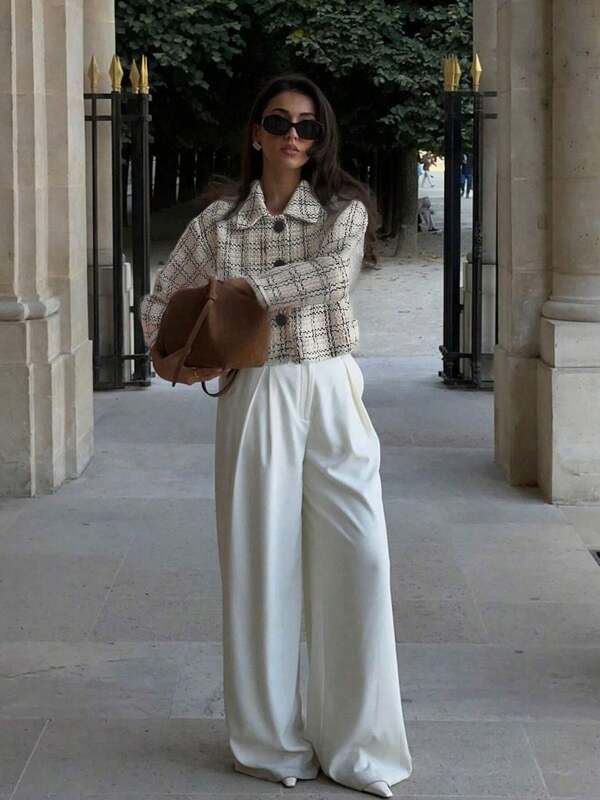 conciso Autumn Women's Tweed Jacket Round Neckline Long Sleeves Coat Single Breasted With Pockets Outerwear Casual Office Party Elegant