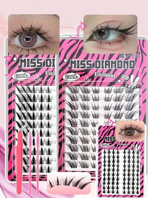 FQBFQB 10 filas de racimos de pestañas postizas naturales de estilo manga, estilo zorro, estilo conejo - Racimos de pestañas de diferentes grosores, para hacer en casa, incluye pinzas y cepillo, ideal para principiantes, fiestas, escenario y uso diario, perfecto como regalo para chicas en Halloween, Navidad y San Valentín