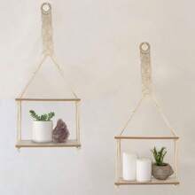 2 Tier Hanging Floating Macrame Rope Shelf Wooden Storage Kitchen Wall Boho Decor HANGING SHELF 30x10x72 - Initial - View 10