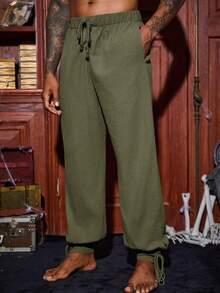 Runcati Men's Medieval Viking Pirate Pants Banded Ankle Lace Up Cotton Renaissance Gothic Halloween Costume Trousers - 軍綠色 - 查看 2