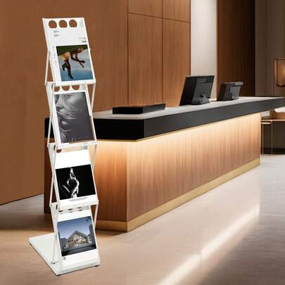 OUKANING 4-Tier Standing Desk Brochure Stand, Foldable Displays Magazine Rack, Office Shelves Catalog Literature Stand, Made Of Metal For Catalogs Flyers Brochures