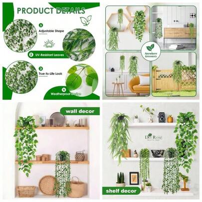 4 Pack Plants Artificial Plants Indoor Hanging With Pots Artificial Ivy Vine Faux Eucalyptus Hanging Plants, Fern, String Of Pearls Home Room Wall She