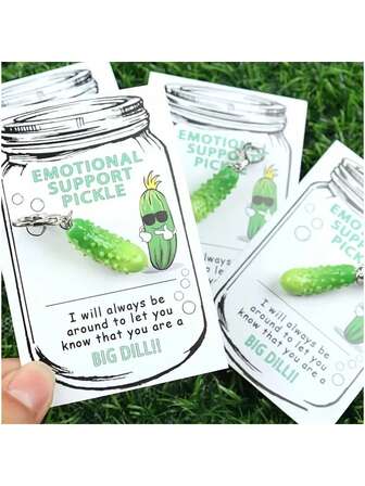 1pc Funny Stress Reliever Pickle Keychain With Pocket Card - Novelty Green Resin Cucumber Charm For Birthday Wedding Bridal Shower Anniversary Graduation - Fun Gift Idea For Christmas Thanksgiving New Year Valentine's Day