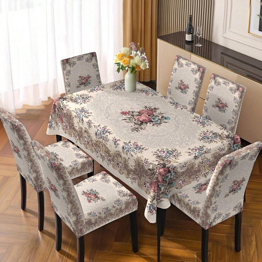 2/4/6/5/7 Pcs Elegant Light Pink Floral Print Elastic Chair Cover & Tablecloth Set, 2pcs (2 Chair Covers), 4pcs (4 Chair Covers), 6pcs (6 Chair Covers), 5pcs (1 Tablecloth + 4 Chair Covers), 7pcs (1 Tablecloth + 6 Chair Covers), Suitable For Indoor/Outdoor, Home Gatherings, Holiday Table & Chair Decor, Washable & Reusable, Non-Fading