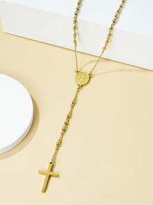 1pc 4mm Stainless Steel Beaded Necklace With Black Cross Pendant, Minimalist European & American Fashion Style Necklace For Women Daily Wear - Silver - View 7