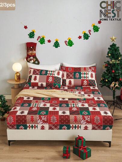 2/3pcs Red Plaid Christmas Tree Fitted Sheet Set (1Pc Fitted Sheet+1/2pcs Pillowcases), Mattress Protector, Mattress Cover For Bed, Bed Sheet Set, Soft And Breathable, For All Size Bed -Twin, Full, King, Queen Size Sheet Deep Pocket Up To 11.8 Inch Home Textile,Christmas Day Atmosphere