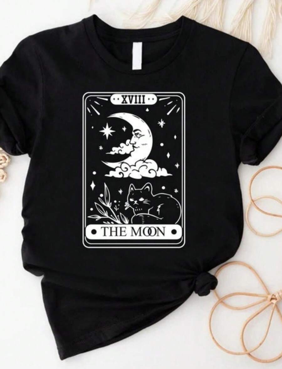 Cat Tarot Card Shirt, Cat Moon Shirt, Mystical Cat Tshirt, Celestial Moon Outfit, Cat Lovers Tee Gift, The Moon Tshirt, Women Tarot Card Tee - màu đen - Xem 1