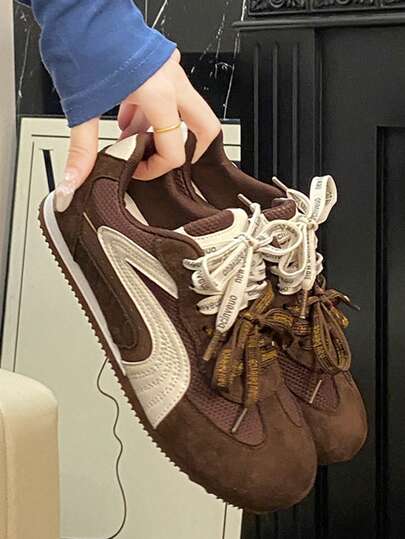 2025 Autumn New Fashion Color Block Lace-Up Casual Flat Shoes, In Stock, Student Shoes; 2025 Autumn New Thick Sole Mesh Casual Sneakers For Women