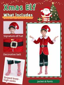 Fantasia de Natal de luxo para crianças: Ajudante de Papai Noel - Jaqueta, Calça Verde Estampada, Meias, Chapéu, Cinto | Festa de Natal/Apresentação Escolar/ - Multicolorido - Ver 4