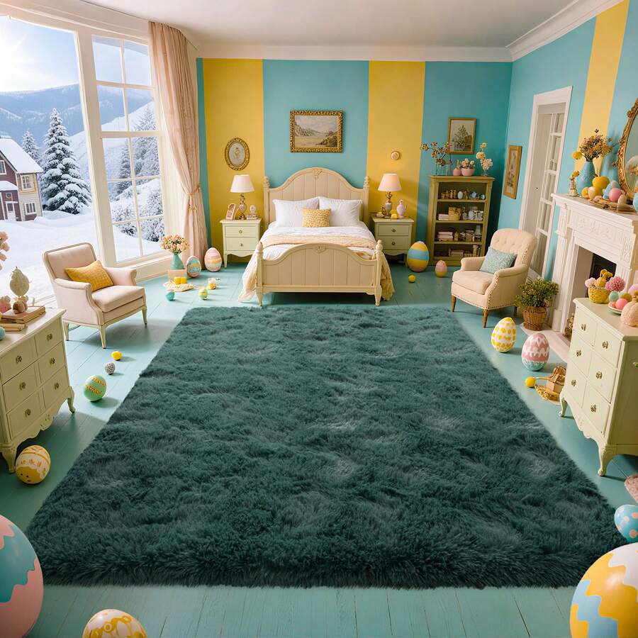 1pc Ultra-Soft, Comfortable And Fluffy Living Room Carpet, Bedroom Indoor Carpet, Fluffy Faux Fur Carpet, Home Decoration, Which Can Be Used In Bedrooms, Living Rooms, Corridors And Other Indoor Areas. - 墨綠色 - 查看 1