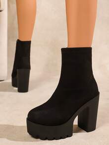 新款厚底黑色靴子，黑色高跟鞋，粗跟女靴，百搭切尔西踝靴，时尚靴子，春秋女鞋，踝靴 - 黑色 - 查看 5