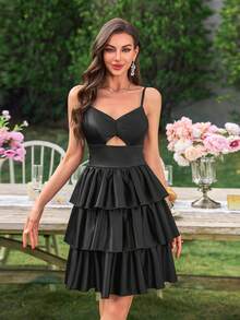 UNITHORSE Vestido corto con diseño de escote en V, tirantes de espagueti, cintura hueca y falda multicapa tipo pastel, vestido de satén para fiesta y cóctel - Negro - Ver 4