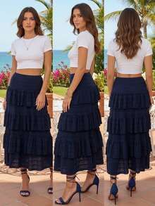 Falda acampanada con volantes de talla grande para mujer en azul profundo, cintura alta con dobladillo en capas y pretina forrada para otoño e invierno, falda midi elegante para el Día de San Valentín y Pascua, de la oficina al té de la tarde