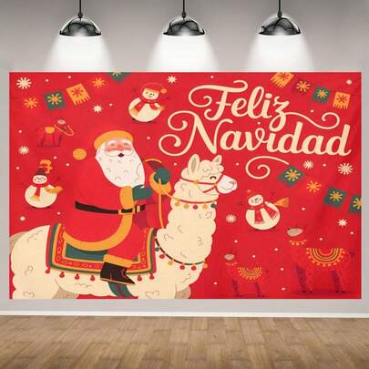 لافتة عيد الميلاد المكسيكية مسطحة الأبعاد، قطعة واحدة مع تصميم سانتا كلوز بشكل الإلاما والألباكا - ديكورات حفلة رأس السنة الإسبانية، لا تحتاج إلى كهرباء، خلفية قماشية لديكور الحائط للحفلات الشتوية وعيد الميلاد الداخلية/الخارجية