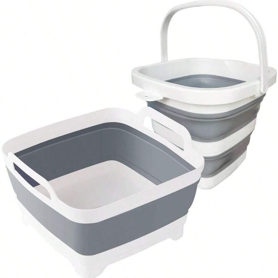 Palangana plegable con tapón de drenaje de 9L (2.4 galones) para lavar platos, palangana plegable, fregadero portátil para cocina, camping, caravana (gris) - Gris+5l Gris - Ver 1