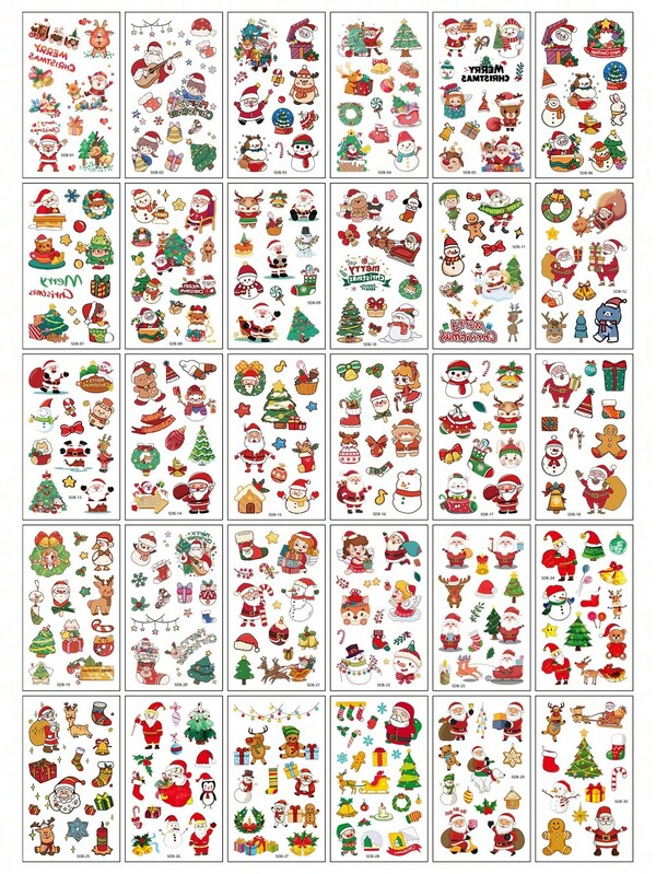 (30pcs/Set) Colorful Christmas Temporary Tattoos, Featuring Santa Claus, Snowflakes, Gifts, Dolls, Christmas Trees, Balloons, Stockings, Sleds And More, Waterproof And Semi-Permanent, Suitable For Fingers, Arms, Behind Ears, Ankles, Collarbones, Face And Other Areas, Great As Christmas Gifts For Friends