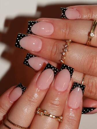 24pcs Short Square Nail Stickers, Minimalist Chic Black French Polka Dot Nail Art Set (Includes: 1pc Jelly Gel And 1pc Nail File), Suitable For Women's Daily, Dates, Parties