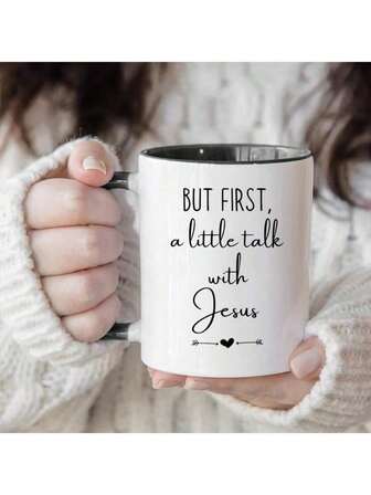 1pc 11oz Ceramic Coffee Mug – Featuring An Inspirational Christian Design With The Phrase "Chat With Jesus First", Accented By Heart Motifs And A Convenient C-Shaped Handle. Perfect As A Religious Gift For Holidays, Birthdays, And Occasions Like Teachers' Day, It's Ideal For Gifting To Teachers, Lovers, Classmates, Family, And Friends.