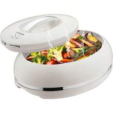 Elegante bandeja portadora ovalada grande con aislamiento ovalado tapa abierta con una sola mano 3.15 cuartos Calentador/enfriador de alimentos de lujo Tazón térmico para servir buffet/fiestas - Plateado - Ver 1