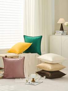 1 件天鹅绒边缘抱枕套纯色方形靠垫套适用于沙发、卧室和汽车 - 藕粉色 - 查看 10