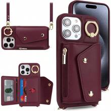- Carcasa para 15 con cordn y tarjetero para 15 con cremallera, cartera para mujer, telfono mvil, ajustable, collar con anilla para mujer, color marrn - iPhone 15 Pro + B-Rojo Vino - Ver 3