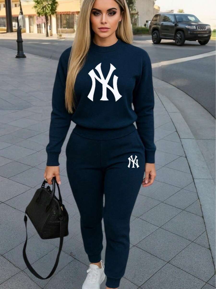 Conjunto de pants  Sudadera y pantalón  Felpa suave  Cuello redondo Estilo cómodo  Conjunto deportivo - Azul Marino - Ver 1