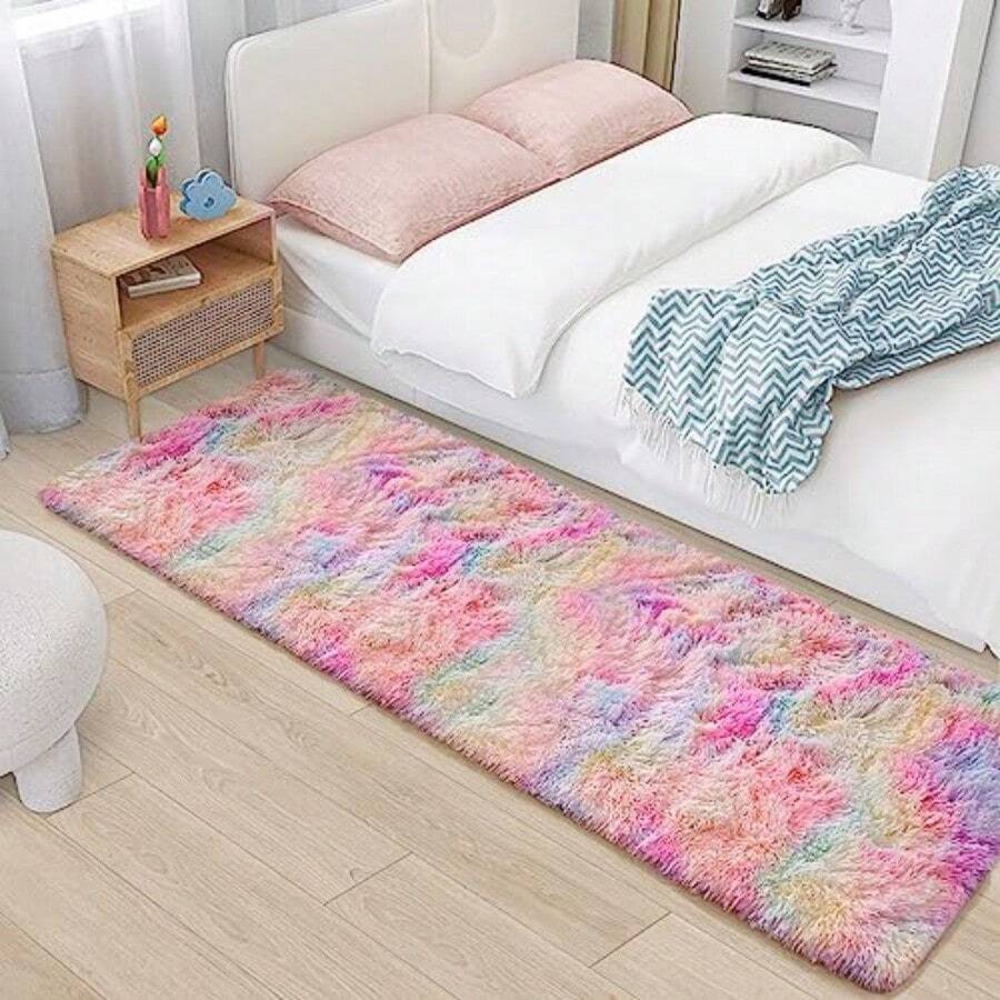 2x6 Ft Rainbow Rug For Girls Bedroom Colorful Area Rug Unicorn Rugs For Girls Bedroom Kawaii Room Decor Runner Rugs For Living Room Plush Fluffy Rug Non Slip Fuzzy Rugs For Room - Cầu vồng - Xem 1