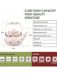 Tea Kettle Pot Stove Top, Porcelain Large Enamel Teakettle, 2.5L Colorful Teapot Floral Ceramic Stovetop, Retro Classic Design Pink Flower - 2.4L - Pink Flower-2.4L - View 2