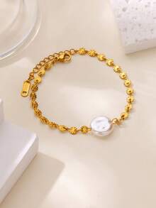 1 PC Fashion Faux Pearl Round Pendant Bracelet For Women Stainless Steel Gold Color Chain Bracelet 2025 New Party Wedding Couple Jewelry Gift