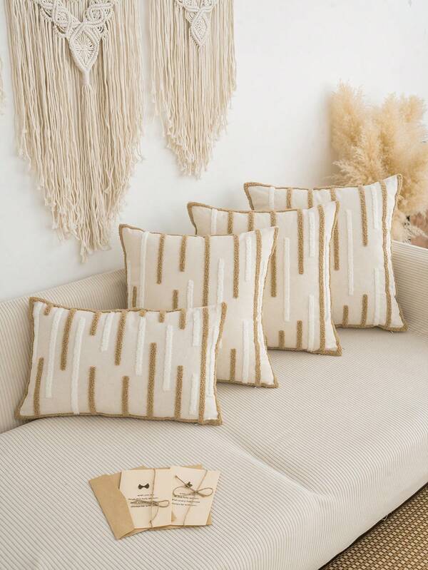 1pc Striped Embroidered Throw Pillow Cover, Classic Farmhouse Polyester Cushion Cover, Pillow Insert Not Included, Multi-Scene Home Decor