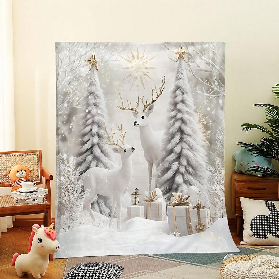 Gemütliche Weihnachtsdecke - Superweiches Fleece mit festlichem Rentier- & Baum-Design, perfekt für Couch oder Bett, maschinenwaschbar, Ganzjahreskomfort, Weihnachtsdeko