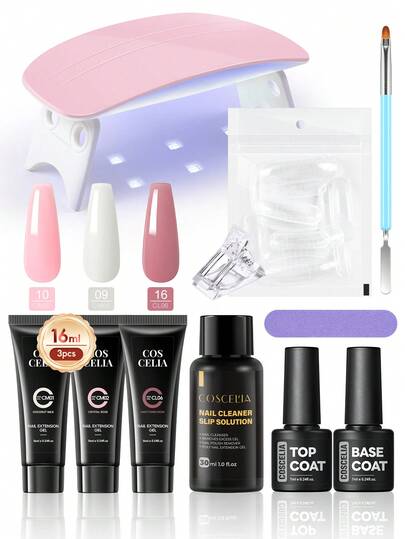 coscelia 11PCS 16ML White Pink Poly Nail Gel Kit, Nail Extension Builder Gel & Solution, Top Base Coat With Nail UV Lamp For Women DIY Art Salon Christmas Gift