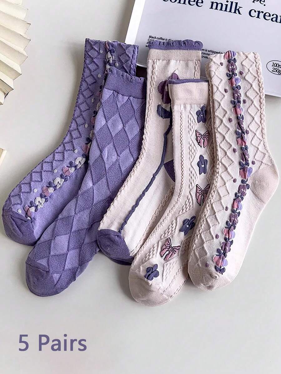5 Pairs Purple Sweet Potato Color Mid-Calf Socks, Vintage Japanese Floral Design Knee High Socks For Women/Female Students, Suitable For Spring, Autumn, Winter, Also Can Be Christmas Gifts - Multicolor - View 1
