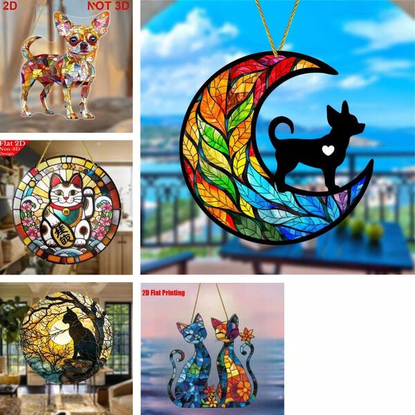 1 Pc Art Deco Acrylic Dog&Cat-Themed Decorative Sign & Plaque - Chihuahua Sun Catcher Stained Glass Window Hanging - Multipurpose Wall Mounted Pet Memorial Gift For Dog Lovers - Autumn Home Decor And Wreath Accessory (8x8in)