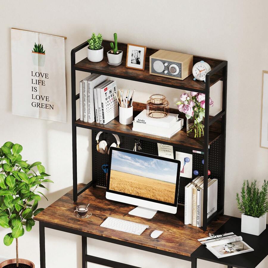 2-Tier Countertop Desktop Bookshelf W/ Metal Pegboard 2 Anti-Tipping Devices - Black - View 1