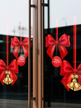 2pcs Home Decorators Christmas Window Stickers Red & Golden Holiday Decorations With Bows Glass Window Decals PVC Self-Adhesive Christmas Decorations Wall Stickers 11.81*15.74in For Living Room Bedroom Bathroom & Fridge Decor Christmas Decorations Create A Christmas Holiday Atmosphere Make Hoom Decoration More Interesting Christmas Decorations Home Room Decor