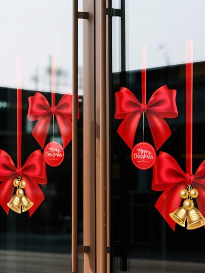 2pcs Home Decorators Christmas Window Stickers Red & Golden Holiday Decorations With Bows Glass Window Decals PVC Self-Adhesive Christmas Decorations Wall Stickers 11.81*15.74in For Living Room Bedroom Bathroom & Fridge Decor Christmas Decorations Create A Christmas Holiday Atmosphere Make Hoom Decoration More Interesting Christmas Decorations Home Room Decor