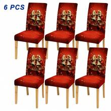 4/6 غطاء كرسي مطبوع بطبعات عيد الميلاد، مع عناصر عيد الميلاد مثل بابا نويل والثلجي والرنة، ديكور منزلي لفندق وحفلة ومطعم، إكسسوار أساسي لديكور عيد الميلاد، هدية عيد الميلاد المثالية