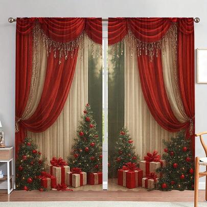2 pezzi Tende decorative natalizie stampate in 2D, motivo albero di Natale e scatolo regalo rosso e oro, tende trasparenti adatte per soggiorno, camera da letto, cucina, decorazione natalizia per la casa