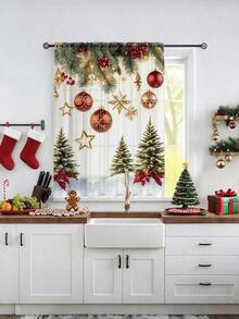 1 pieza Cortina decorativa de tul navideña, adecuada para sala de estar, dormitorio, cocina, fiesta navideña, estrella de Navidad, fruta navideña, globo dorado, rama de pino navideña, árbol de Navidad, 100g/㎡